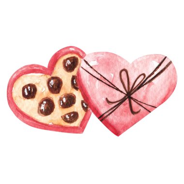 Watercolor chocolate candy box. Hand drawn watercolour illustration of heart shaped box with candies for Valentines day, romantic gift, love surprise.