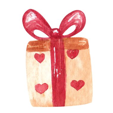 Hand drawn watercolor gift box with bow. Watercolour illustration of present, surprise for birthday, anniversary, valentines day.