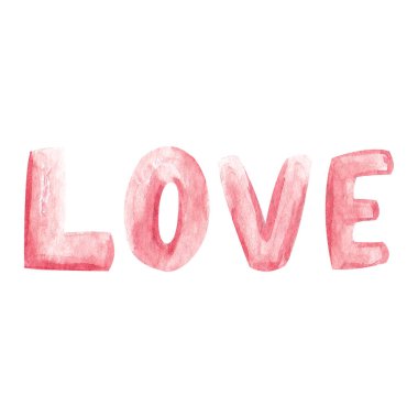 Hand drawn watercolor love word text. Watercolour illustration in red color for print, card, sticker.