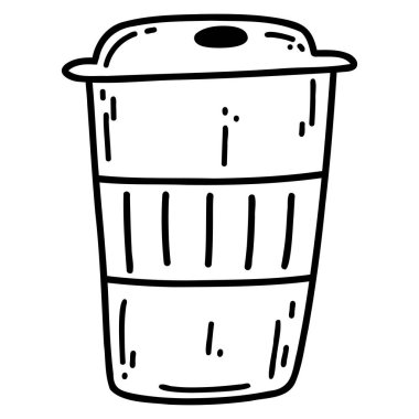 Hand drawn doodle coffee paper cup. Vector illustration of reusable cup for hot and cold drinks, design element.