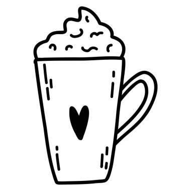 Hand drawn doodle cup with drink and whipped cream. Outline vector illustration of coffee, cocoa, mocha, milkshake.