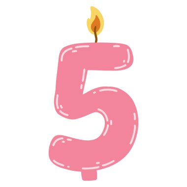 Candle number five in flat style. Hand drawn vector illustration of 5 symbol burning candle, design element for birthday cakes.