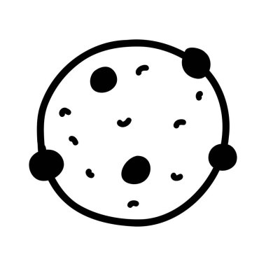 Hand drawn doodle cookie with chocolate crisps. Outline vector illustration of biscuit with chocolate or raisins, baking, confectionery.