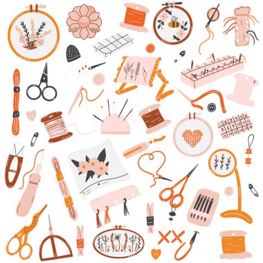 Concept of sewing, embroidery, handicraft, hobby. Hand drawn vector needlework tools as scissors, needles, threads, hoops, floss organizers bobbins