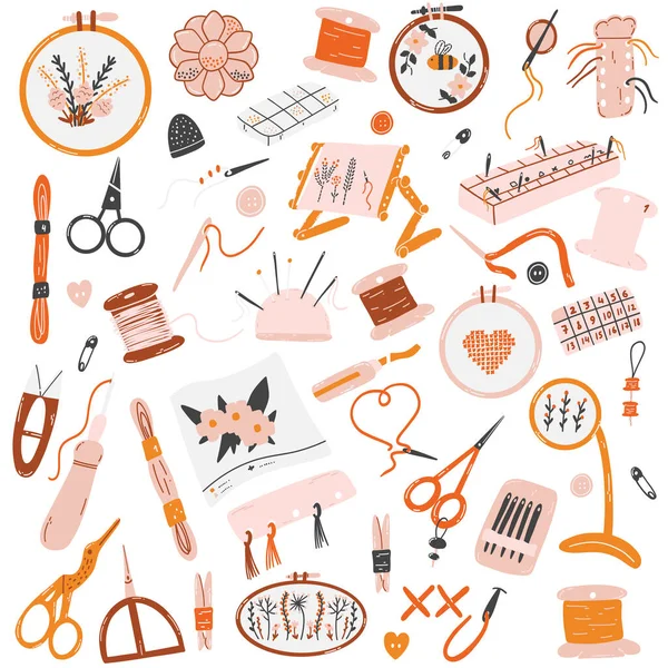 Concept Sewing Embroidery Handicraft Hobby Hand Drawn Vector Needlework Tools - Stok Vektor