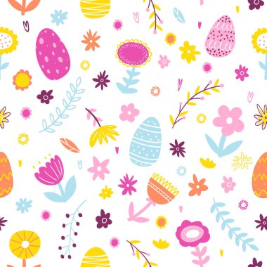 Renkli el, bitkilerle, çiçeklerle, paskalya yumurtalarıyla kusursuz bir Paskalya deseni çizdi. Paskalya kartları için vektör arkaplanı, ambalaj kağıdı, tekstil, bayrak, duvar kağıdı, web tasarımı.