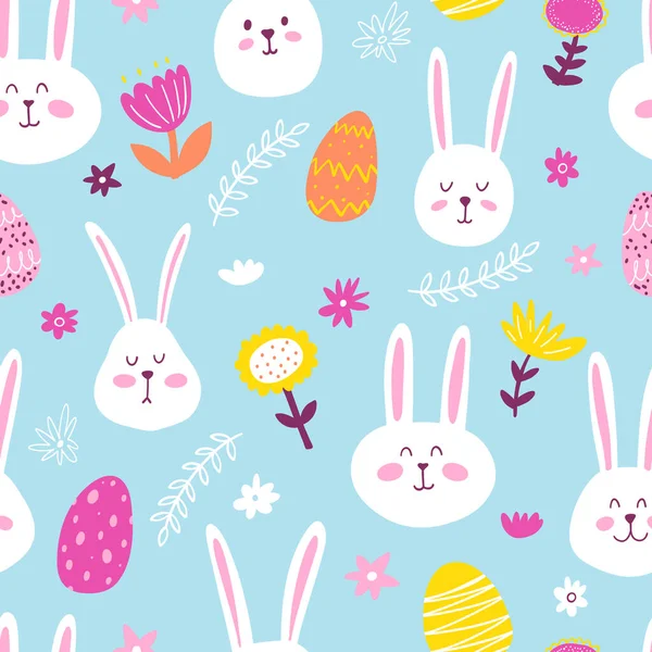 stock vector Seamless pattern with cute hand drawn bunnies and flower meadow. Vector Easter kids background with rabbits, plants and eggs for wrapping paper, textile, card, banner, wallpaper.