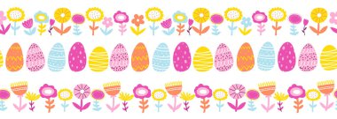 Renkli el çizilmiş Paskalya yatay, pürüzsüz sınır, desen, sevimli karalama yumurtaları ve tekstil, afişler, duvar kağıtları için soyut bitkiler.