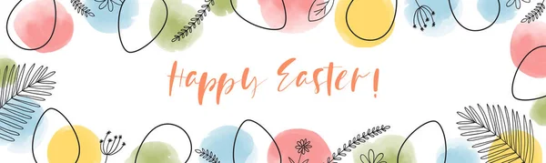 Szczęśliwy Szablon Baner Wielkanocny Kolorowymi Abstrakcyjnymi Plamami Jajkami Bazgrołów Roślinami — Wektor stockowy