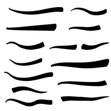 Bir dizi daracık el fırça çizgileri, altı çizgileri. Kelime biçiminde kaligrafik elementlerin vektör koleksiyonu. Girdap fırça darbesi..