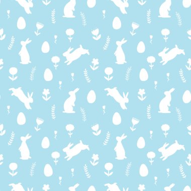 Tavşanlar, çiçekler ve paskalya yumurtalarıyla el yapımı paskalya desenleri. Ambalaj kağıdı, bayrak, kart, tekstil, baskı için hayvan ve bitki siluetleriyle vektör arkaplan.