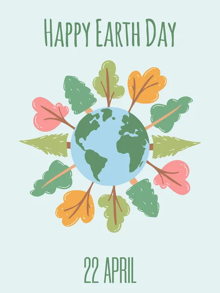 stock vector Happy Earth Day. Concept of caring for nature, environmental problems and environmental protection. Vector illustration of planet with trees for International Mother Earth Day.