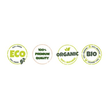 Eko, biyoloji, organik ve doğal ürünler çıkartması, logo, etiket, rozet, ikon. Dokulu grunge daire damgasının vektör çizimi, sağlıklı gıda sembolü, tasarım elementi.