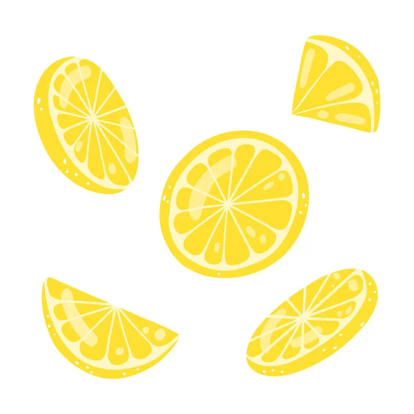 手描きのレモンスライスのセット カットおいしい柑橘類健康食品夏の新鮮な果物のベクトル図 — ストックベクタ