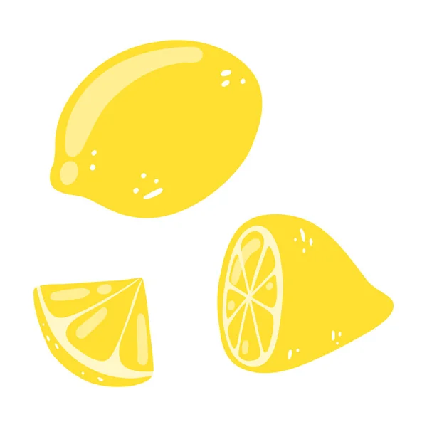 手描きレモンのセット 全体のベクトル図 スライスおいしい柑橘類 健康食品 夏の新鮮な果物 — ストックベクタ