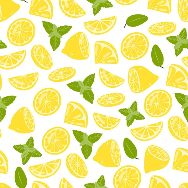 Бесшовный Рисунок Лимонами Мятой Векторный Фон Рисованными Вручную Цитрусовыми Оберточной — стоковый вектор