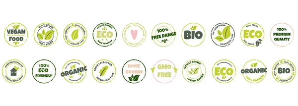 Conjunto Eco Bio Produtos Orgânicos Naturais Adesivo Logotipo Rótulo Crachá — Vetor de Stock