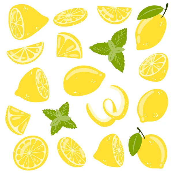 手のセット全体 スライスレモンを描いた アイコン ウェブデザイン パッケージ カード 印刷のための新鮮なおいしい柑橘類とミントのベクトルイラスト — ストックベクタ