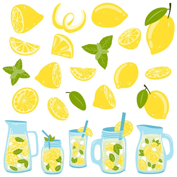 Set Limoni Bottiglie Con Limonata Illustrazione Vettoriale Agrumi Vetro Vasetti — Vettoriale Stock