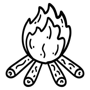 Şenlik ateşi. Parmak izi, kart, boyama sayfası için odun yakma yangınının el çizimi vektör çizimi.