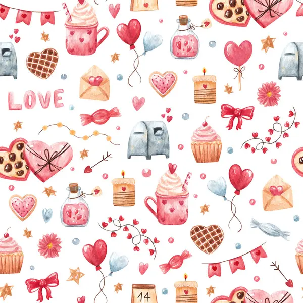 Watercolor seamless pattern with love symbols and sweets. Hand drawn cute elements as balloons, garland, flags, hearts, letter, candies.