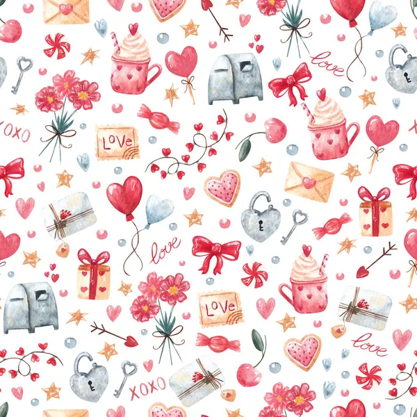 Watercolor seamless pattern with love symbols and sweets. Hand drawn cute pink elements as balloons, bow, hot drink, hearts, gifts, flowers.