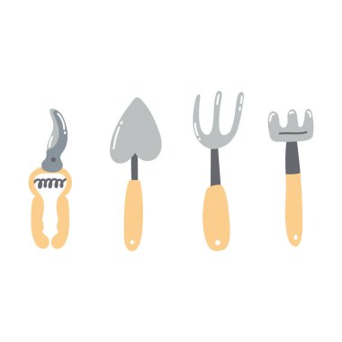 El yapımı bahçe aletleri. Bir dizi tarımsal ekipman.