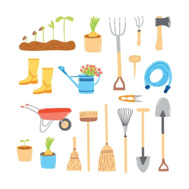 El yapımı bahçe elementleri. Çiftlik malzemelerinin çizgi film düz çizimi, tarım ürünleri.