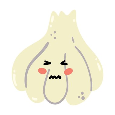 Sevimli bir el çizilmiş sarımsak gülümsüyor. Kawaii çocuklar için komik bir sebze karakteri