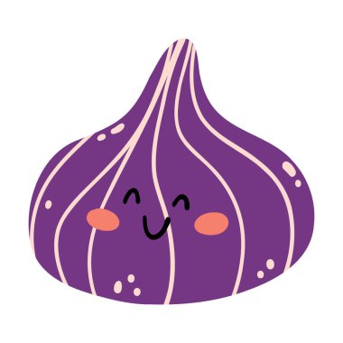 Sevimli el çizimi incir gülümsüyor. Kawaii çocuklar için komik meyve karakteri.