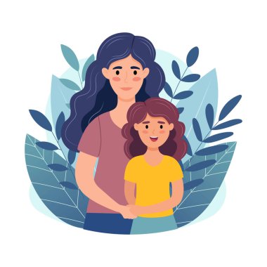 Anne ve kızı sarılıyor ve gülümsüyor. Doğum günün kutlu olsun, Anneler Günü, Uluslararası Kadınlar Günü. Çizgi film tarzında elle çizilmiş vektör çizimi.