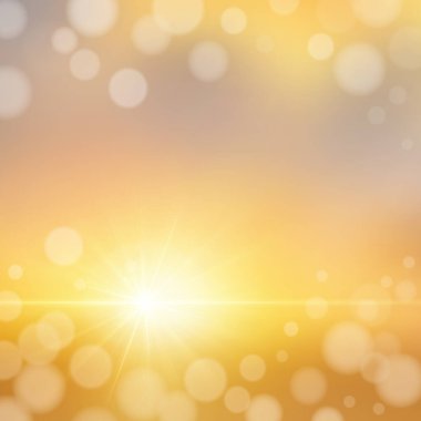 Golden vector sunset or sunrise. Shining sun and bokeh sparks. Excellent as a background for the production of any printed product, advertising, or other design.