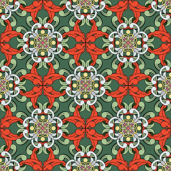 赤と緑の色合いで豪華なダマスク シームレス抽象的な花のパターン 色の巻きタイル 東洋風に印刷する あなたの大胆な広告プロジェクトのいずれかのファッショナブルなと魅力的な装飾 — ストックベクタ