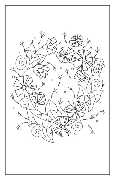 Όμορφα Αφηρημένα Πικραλίδες Ένα Στεφάνι Από Ανθισμένα Λουλούδια Φύλλα Στροβιλισμούς — Διανυσματικό Αρχείο
