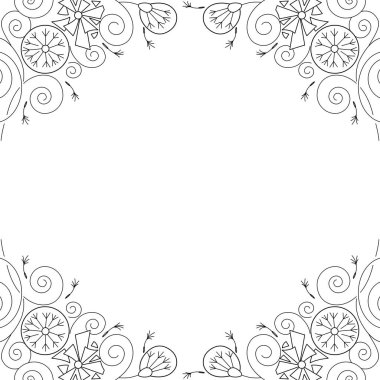 İki sınırdan oluşmuş çiçek deseni. Şekil verilmiş karahindiba çiçekleri, girdaplar, siyah beyaz çizgi sanatı, vektör. Herhangi bir basılı ürün, reklam veya diğer ürünlerin üretimi için mükemmel bir arka plan..