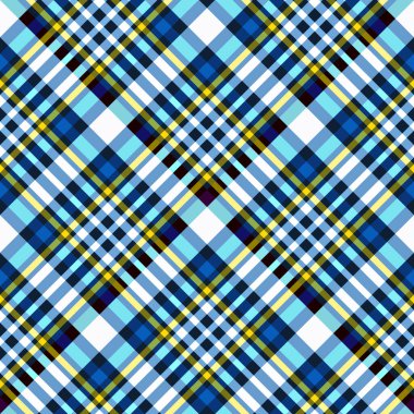 Parlak kareli desen, kusursuz vektör deseni. Mavi, sarı ve beyaz tonlarda çizgilerin güzel geometrik dokusu. Herhangi bir iç mekan için güzel ve şık bir dekorasyon..