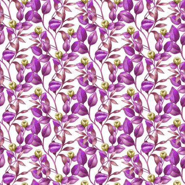 Pembe ve kırmızımsı yapraklardan, dalgalı dallardan ve sarı çiçeklerden oluşan kusursuz bir desen. Beyaz arka planda güzel bir suluboya tasarımı. Kaliteli bir ürün ve rahat bir atmosfer yaratmak için..