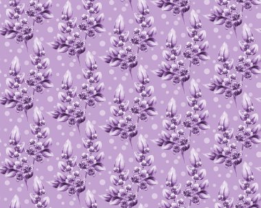 Mor çiçek deseni. Noktalı kusursuz çiçek deseni, parlak suluboya dallar. Kumaşlar, tekstil, hediye paketleme tasarımı, basılı malzemeler, reklamlar ve diğer tasarımlar için harika..