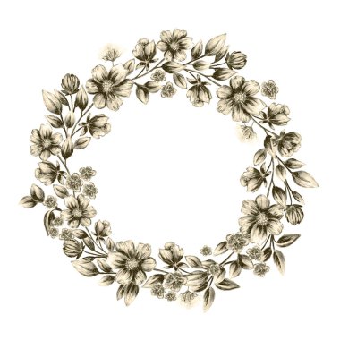 Çiçek ve bitkilerden oluşan klasik monokrom çelenk. Bej ve koyu zeytin tonlarında çiçekli suluboya tasarımı. Göze çarpan reklam projelerinizden herhangi birinin modaya uygun ve göz alıcı dekorasyonu..