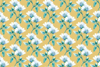 Turkuaz çiçekli klasik duvar kağıdı. Kusursuz suluboya çiçek izi, açık sarı arkaplan. Kumaş, tekstil, hediye ambalajı, baskı malzemesi, iç mekan, reklam için harika..