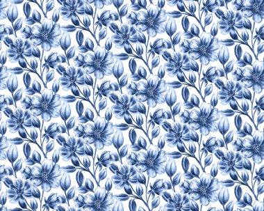 Kusursuz suluboya deseni, tek renkli doku. Mavi çiçekli ve yapraklı dalların güzel birbirine dokuması. Beyaz arka plan. Cesur tasarım ve reklam projeleriniz için ideal..