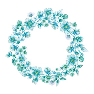 Güzel el yapımı tatil çelengi. Turkuaz, mavi ve beyaz çiçekler ve yapraklar. Beyaz arka planda çiçek dokuması. Cesur tasarım ve reklam projeleriniz için ideal..