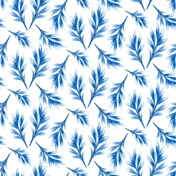 Soyut mavi dalların ya da yaprakların kusursuz deseni. Beyaz arka planda güzel suluboya tasarımı. Yazılı materyallerin, kumaşların, iç tasarımın, internet projelerinin ve daha fazlasının dekorasyonu için harika bir fikir.
