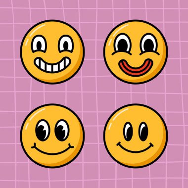 Vektör tarzı gülümseme koleksiyona bakıyor. Damalı menekşe arkaplanda 80 'ler tarzında çizgi film emojisi seti.