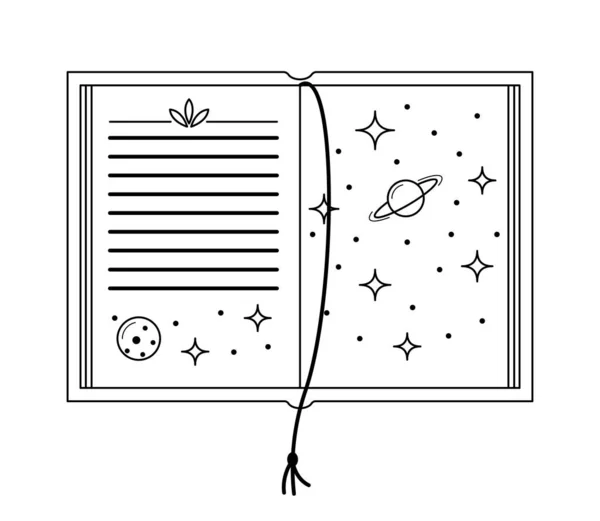 ベクトル線は 宇宙イラスト付きの本を開きました 占星術の隔離されたアウトライン教科書 — ストックベクタ