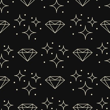 Doğrusal elmas ve yıldızlar siyah vektörsüz desen üzerinde. Taslak taş ve yıldızlı gökyüzü sonsuz illüstrasyon