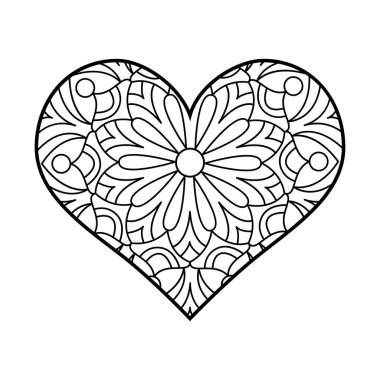 Mandala ile vektör kalp doğrusal çizimi. Geometrik ve çiçekli süsler. Sevgililer Günü renklendirmesi
