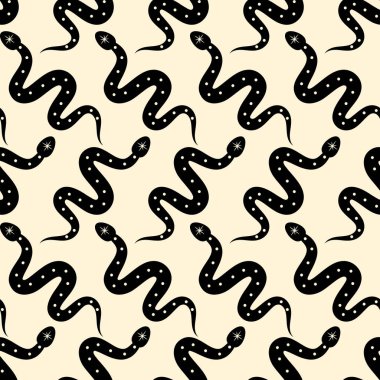 Siyah yılanlı, kusursuz şablonlar. Sarı arka planda tekrarlanan kabartma yılanlar