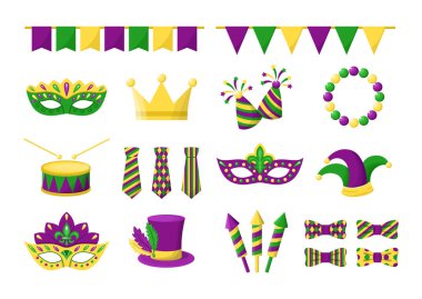Vector Mardi Gras cartoon elements collection. Isolated New Orlean's Carnival elements in purple, green and yellow colors