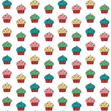 Vector doodle cupcakes seamless pattern. Hand drawn muffins with hearts on pink repeated background